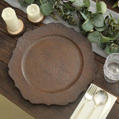 6-Pack Acrylic Round Charger Plates 13" in Rustic Brown with Wood Grain Scalloped Rim, Decorative Dinner Party Charger Tableware