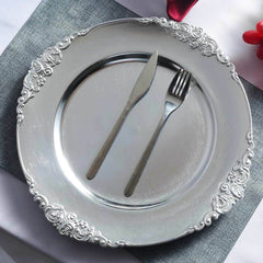 6-Pack Acrylic Round Charger Plates 13" in Silver with Embossed Baroque Rim, Antique Decorative Dinner Party Charger Tableware