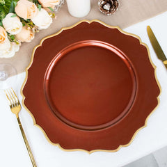 6-Pack Acrylic Round Charger Plates 13" in Terracotta (Rust) with Gold Scalloped Rim, Decorative Dinner Party Plastic Charger Tableware