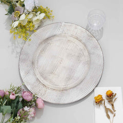 6-Pack Faux Wood Round Charger Plates 13" White Washed with Embossed Sunray Pattern, Chic Plastic Decorative Chargers