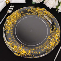 6-Pack Plastic Round Charger Plates 13" in Clear with Gold Florentine Embossed Rim, Exquisite Dinner Serving Plates