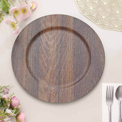 6-Pack Plastic Round Charger Plates 13" in Dark Brown with Faux Wood Finish, Rustic Boho Chic Dinner Party Charger Tableware