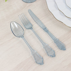 72 Pcs Plastic Silverware Set in Baroque Style Transparent Dusty Blue - Heavy Duty Disposable Knife, Fork, and Spoon Set
