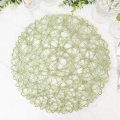 6-Pack Table Placemats Woven Fiber Design Sage Green Round - Disposable Mats for Dining and Events 15"