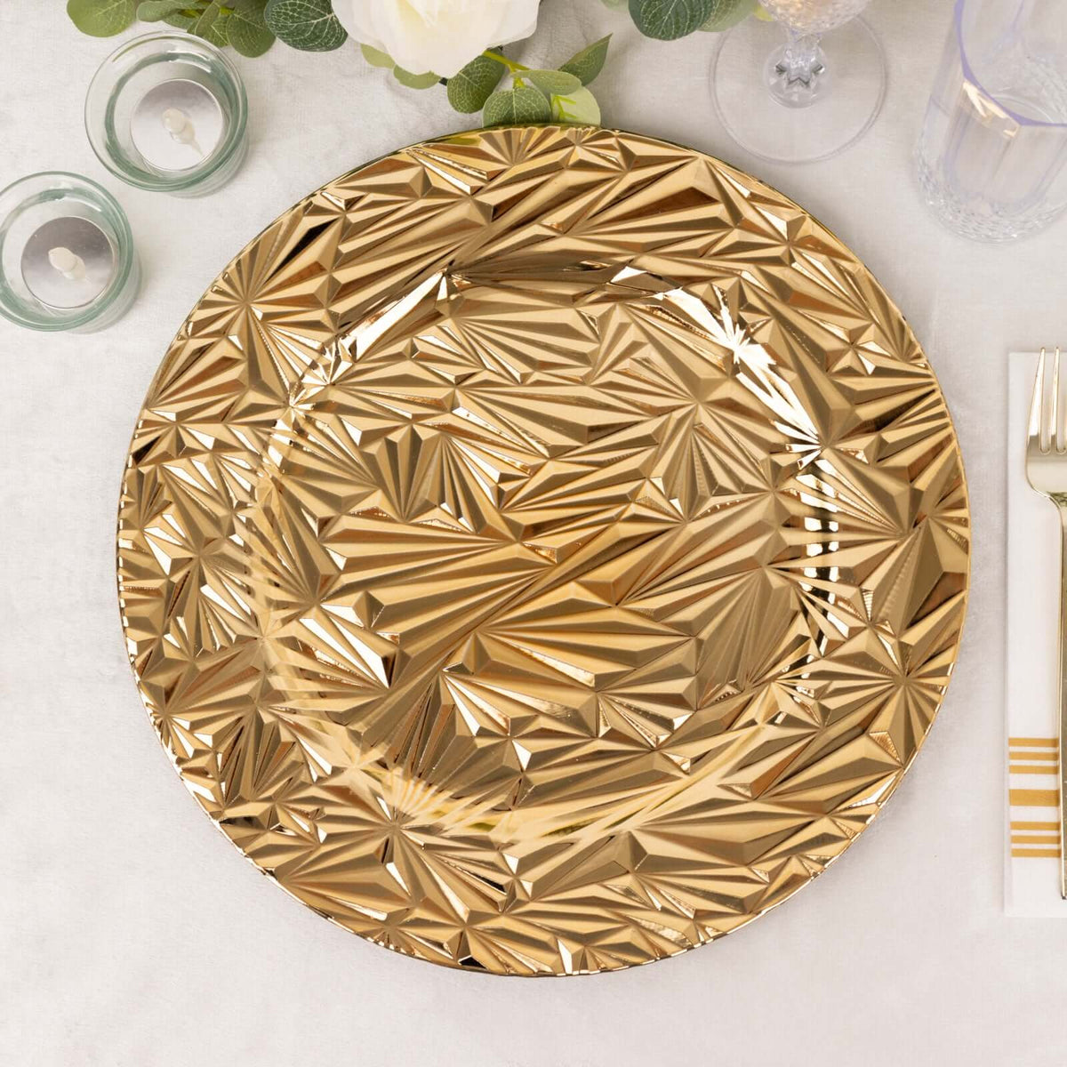 6-Pack Acrylic Round Charger Plates 13" in Metallic Gold with Rock Cut Design, Durable Plastic Dinner Charger Tableware