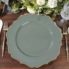 6-Pack Acrylic Round Charger Plates 13" in Olive Green with Gold Scalloped Rim, Decorative Dinner Party Plastic Charger Tableware
