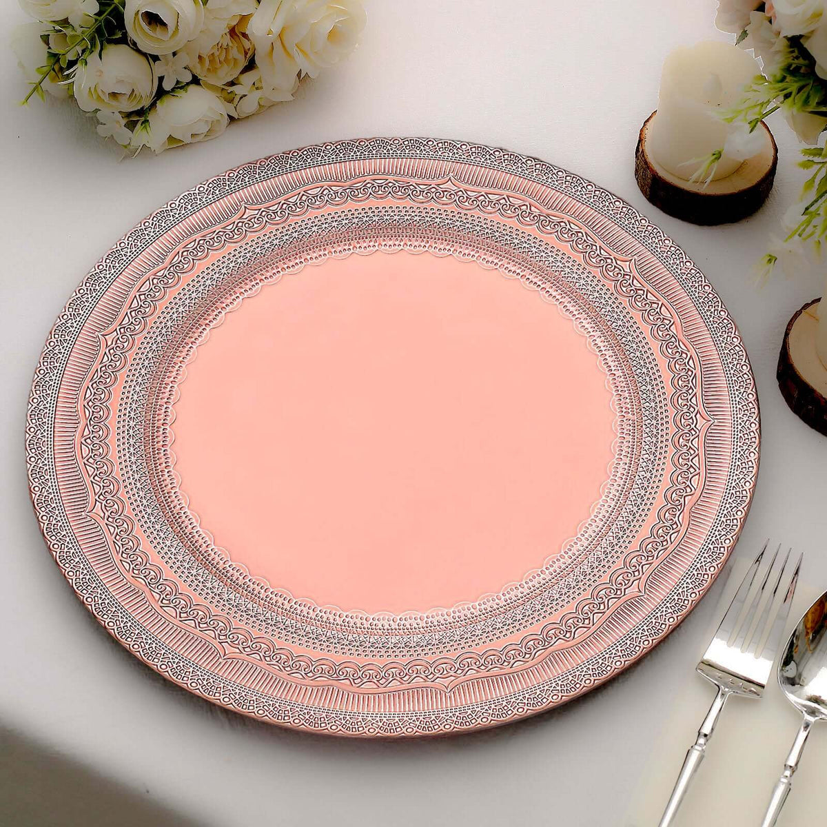 6-Pack Acrylic Round Charger Plates 13" in Rose Gold with Lace Embossed Rim, Rustic Plastic Decorative Charger Tableware
