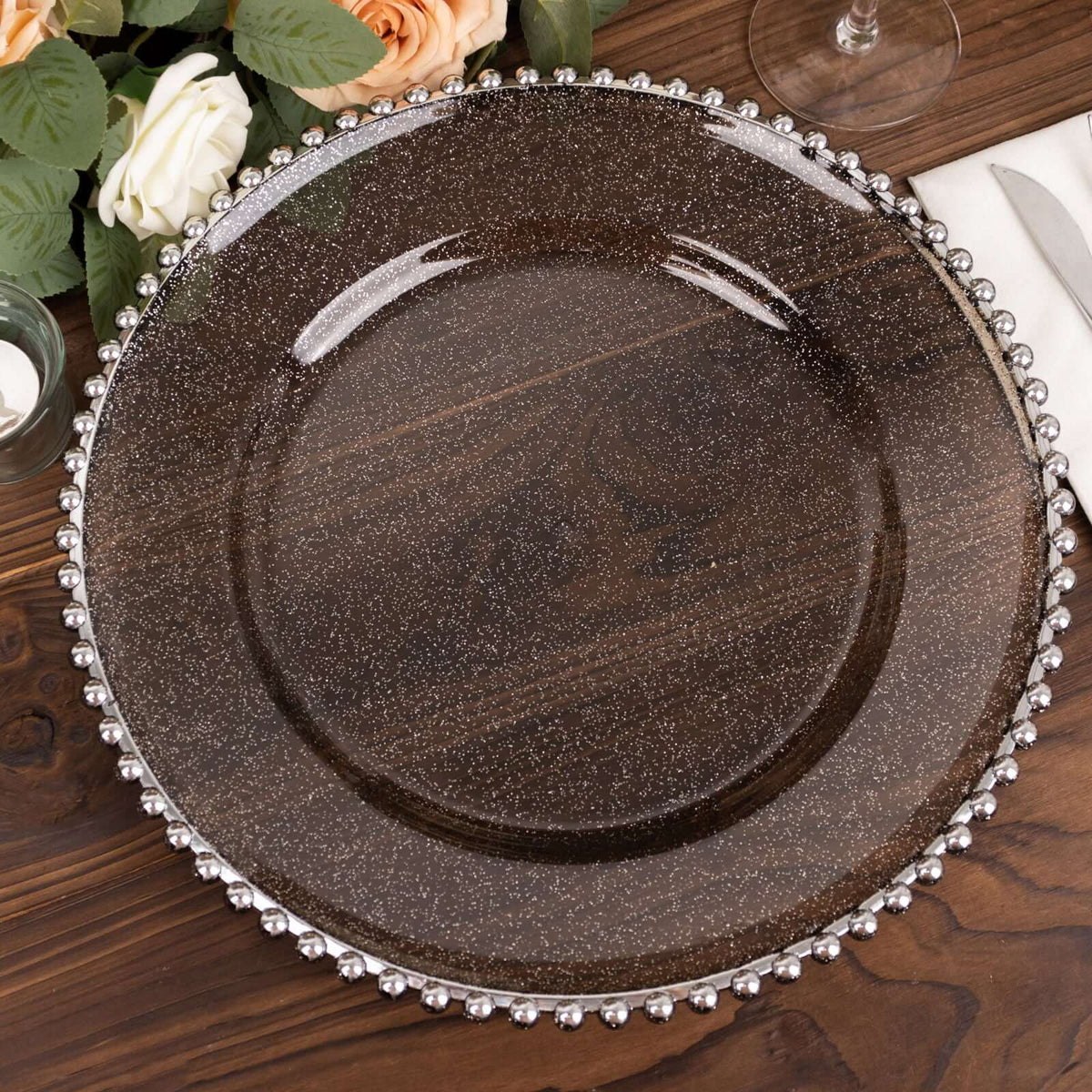6-Pack Acrylic Round Charger Plates 13" in Transparent Black Silver Glittered with Beaded Rim, Decorative Dinner Party Charger Tableware
