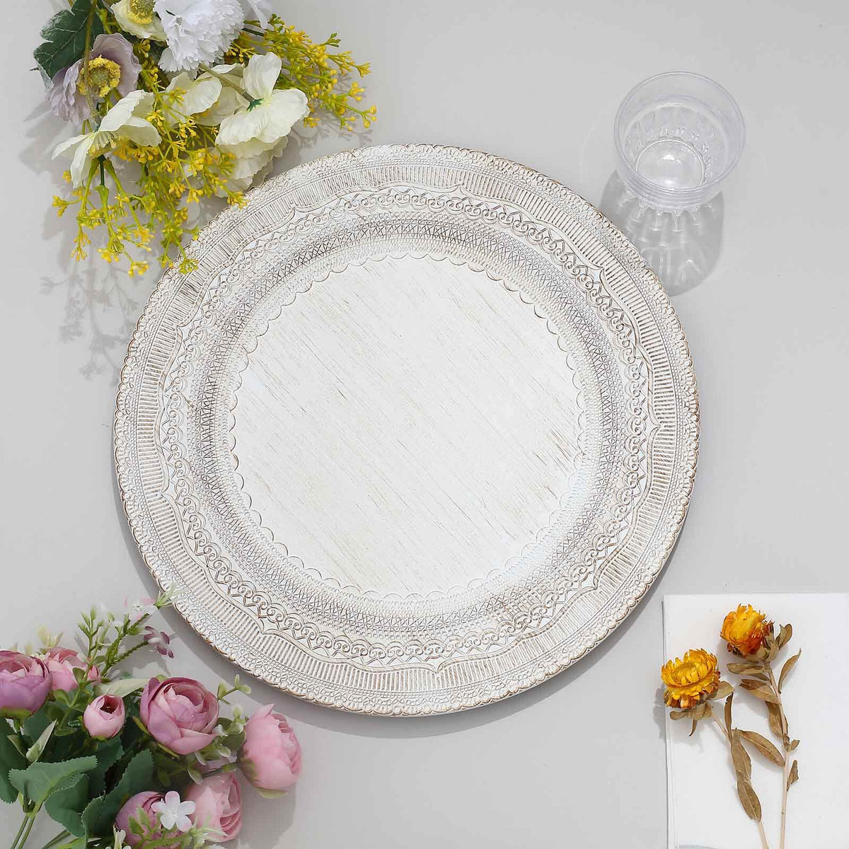 6-Pack Acrylic Round Charger Plates 13" in White with Lace Embossed Rim, Rustic Plastic Decorative Charger Tableware