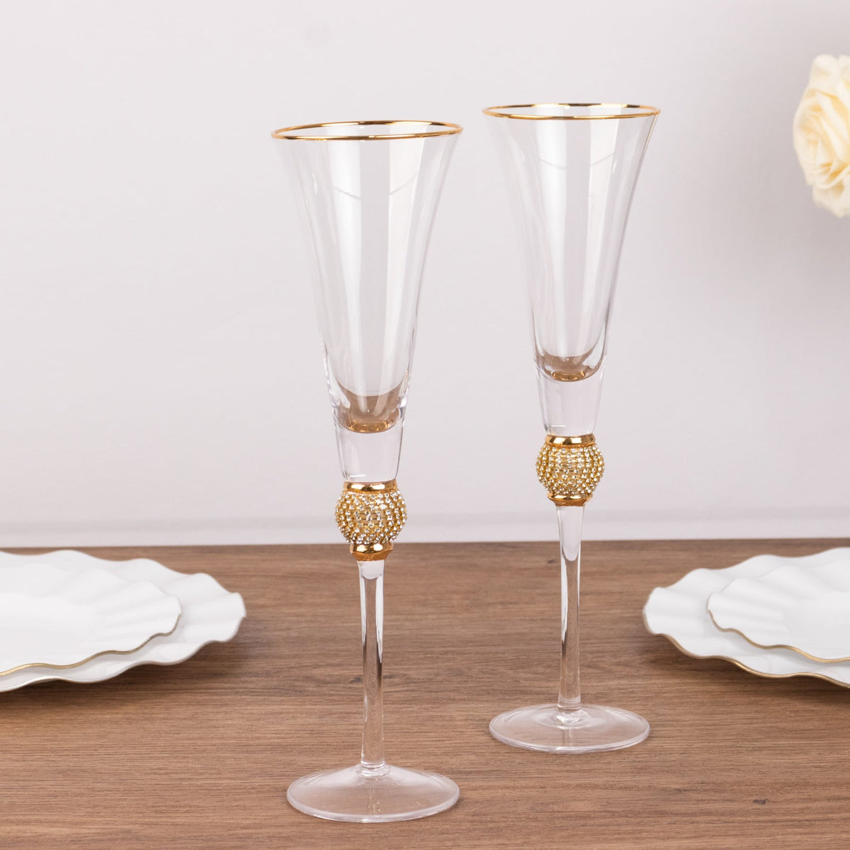 6-Pack Champagne Flute Glasses Clear Gold Rim Design with Studded Rhinestones - Long Stem Crystal Glassware for Wine & Events 6oz 11"