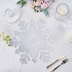 6-Pack Dining Table Mats Snowflake Design Silver - Vinyl Non-Slip Surface for Winter Decor 18"