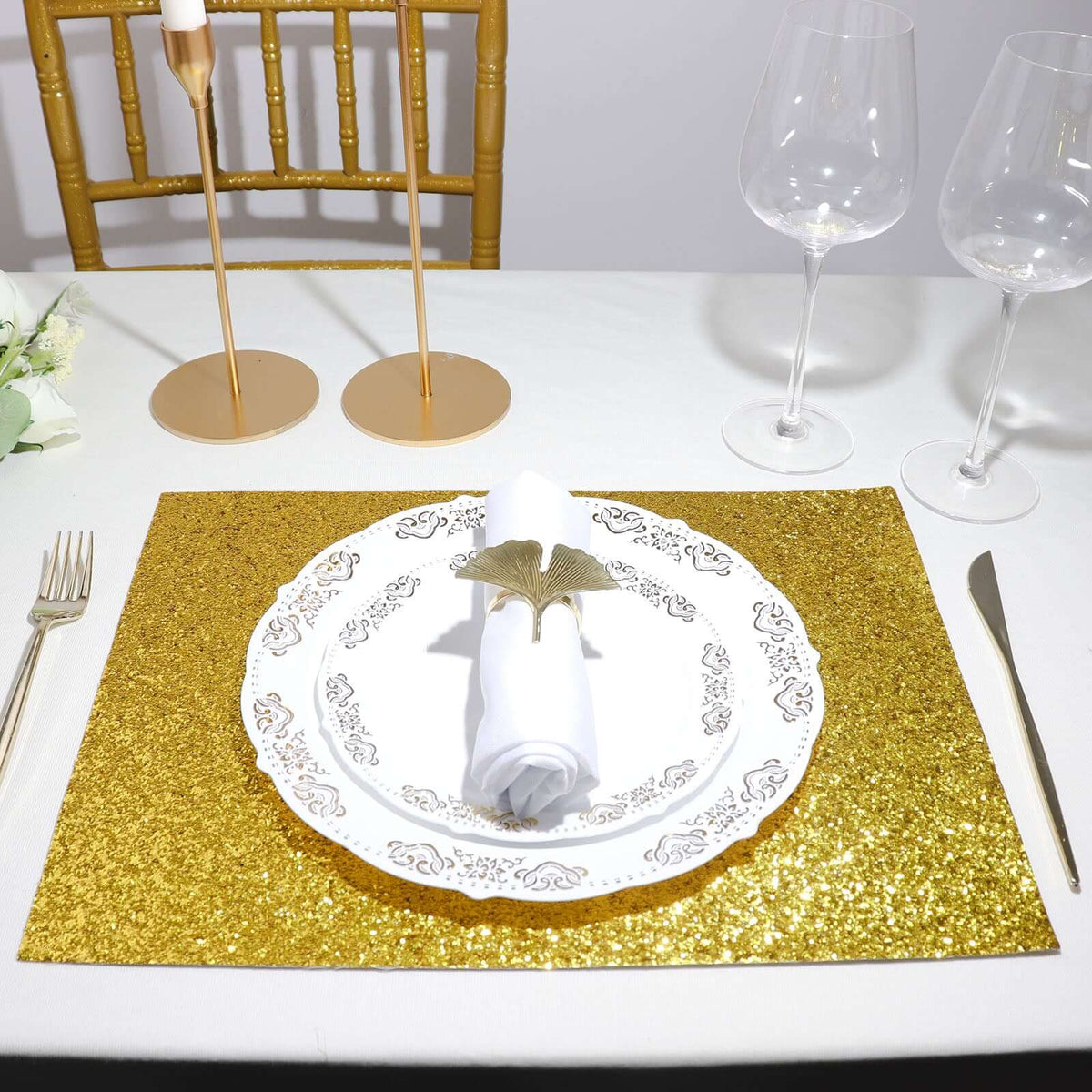 6-Pack Placemats Glitter Design Gold Sparkle Rectangle - Non-Slip Decorative Dining Table Mats 12"x18"