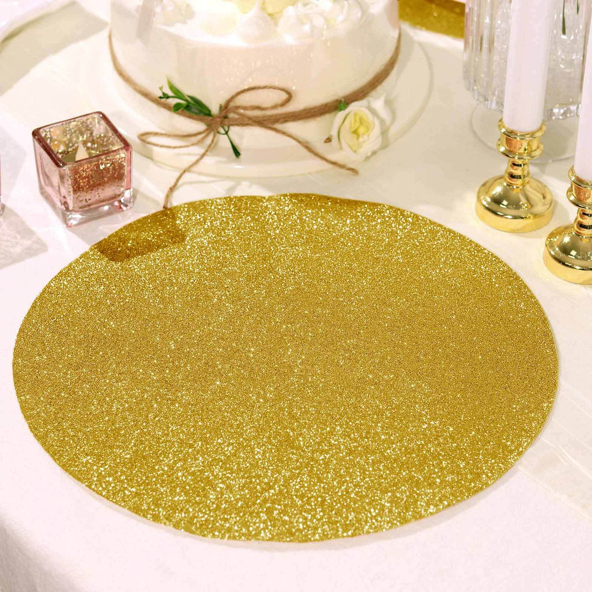 6-Pack Placemats Glitter Design Gold Sparkle Round - Non-Slip Decorative Dining Table Mats 13"
