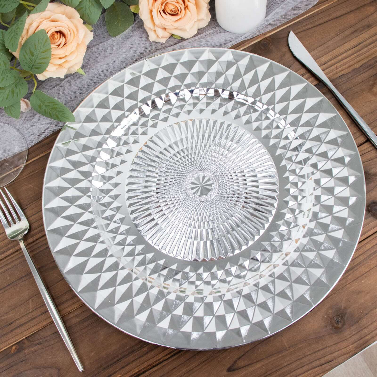 6-Pack Plastic Round Charger Plates 13" in Silver with Diamond Pattern, Sparkling Disposable Dinner Charger Tableware