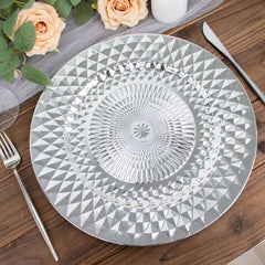6-Pack Plastic Round Charger Plates 13" in Silver with Diamond Pattern, Sparkling Disposable Dinner Charger Tableware