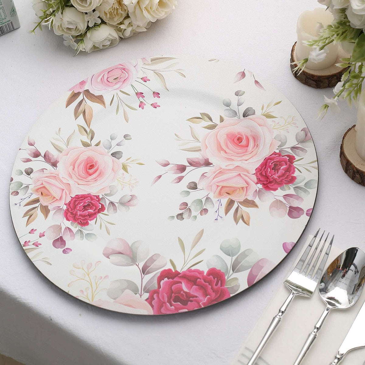 6-Pack Plastic Round Charger Plates 13" in White with Assorted Rose Floral Print, Decorative Dinner Party Charger Tableware