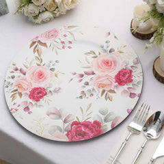 6-Pack Plastic Round Charger Plates 13" in White with Assorted Rose Floral Print, Decorative Dinner Party Charger Tableware