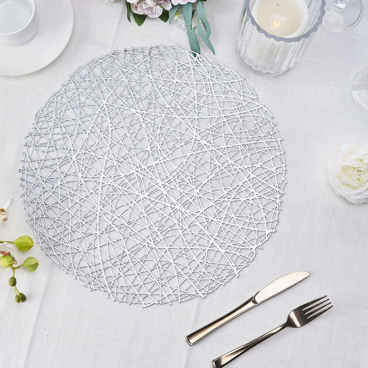 6-Pack Vinyl Placemats Silver Woven Design - Durable Non-Slip Round Table Mats for Dining 15"