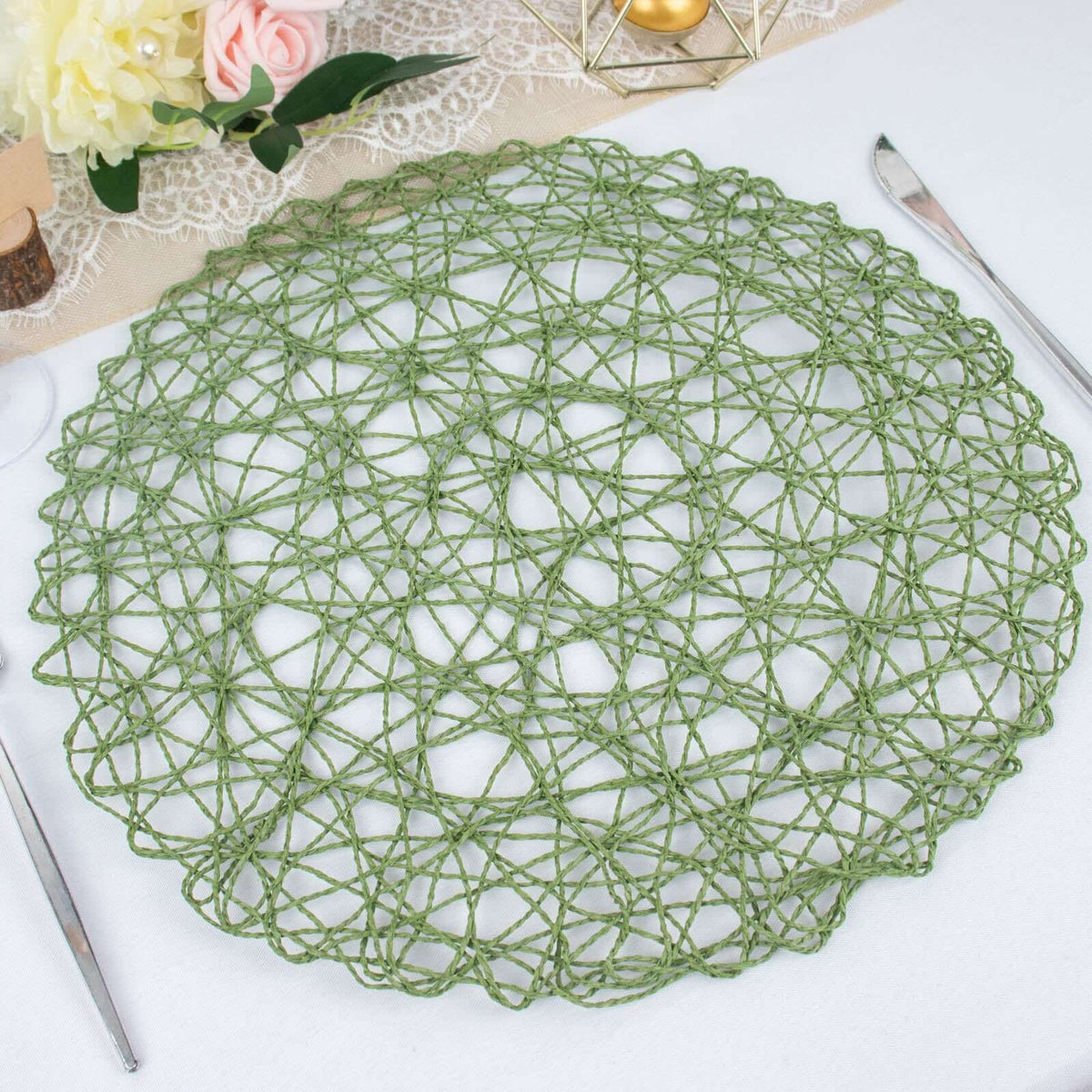 6-Pack Table Placemats Woven Fiber Design Olive Green Round - Disposable Mats for Dining and Events 15"