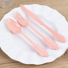 72 Pcs Plastic Silverware Set in Baroque Style Dusty Rose - Heavy Duty Disposable Knife, Fork, and Spoon Set