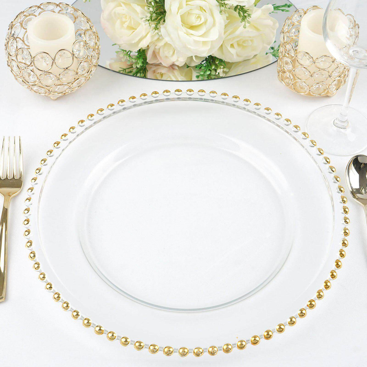 8-Pack Glass Round Charger Plates 12" Clear with Gold Beaded Rim, Event Tabletop Decorative Dinner Charger Tableware