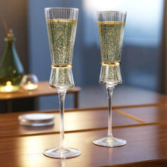 6-Pack Clear Champagne Flutes – 6oz Real Glass, Ribbed Stemware with Gold Ring Accent, Elegant Toasting Glasses for Weddings, Parties & Celebrations – 10" Tall