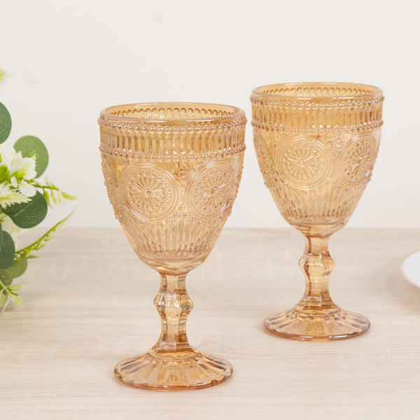 6-Pack Amber Gold Vintage Goblets 11oz – Embossed Glass Cocktail & Wine Glasses with Floral Design