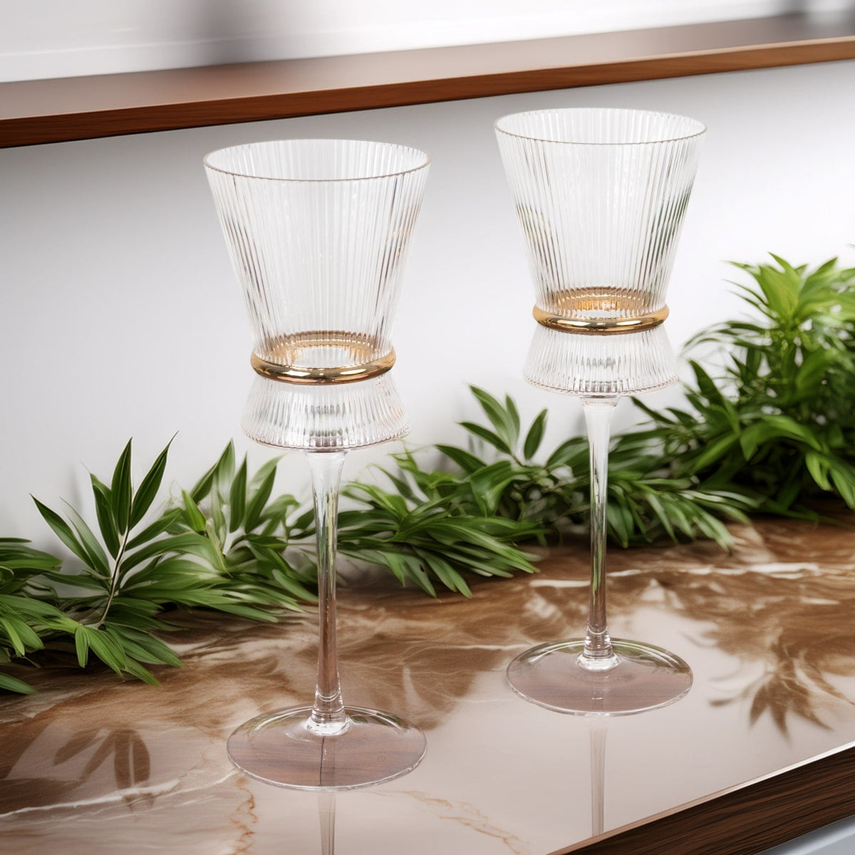 6-Pack Clear Wine Glasses – 9oz Real Glass, Ribbed Design with Gold Ring Accent, Elegant Glassware for Celebrations – 9" Tall